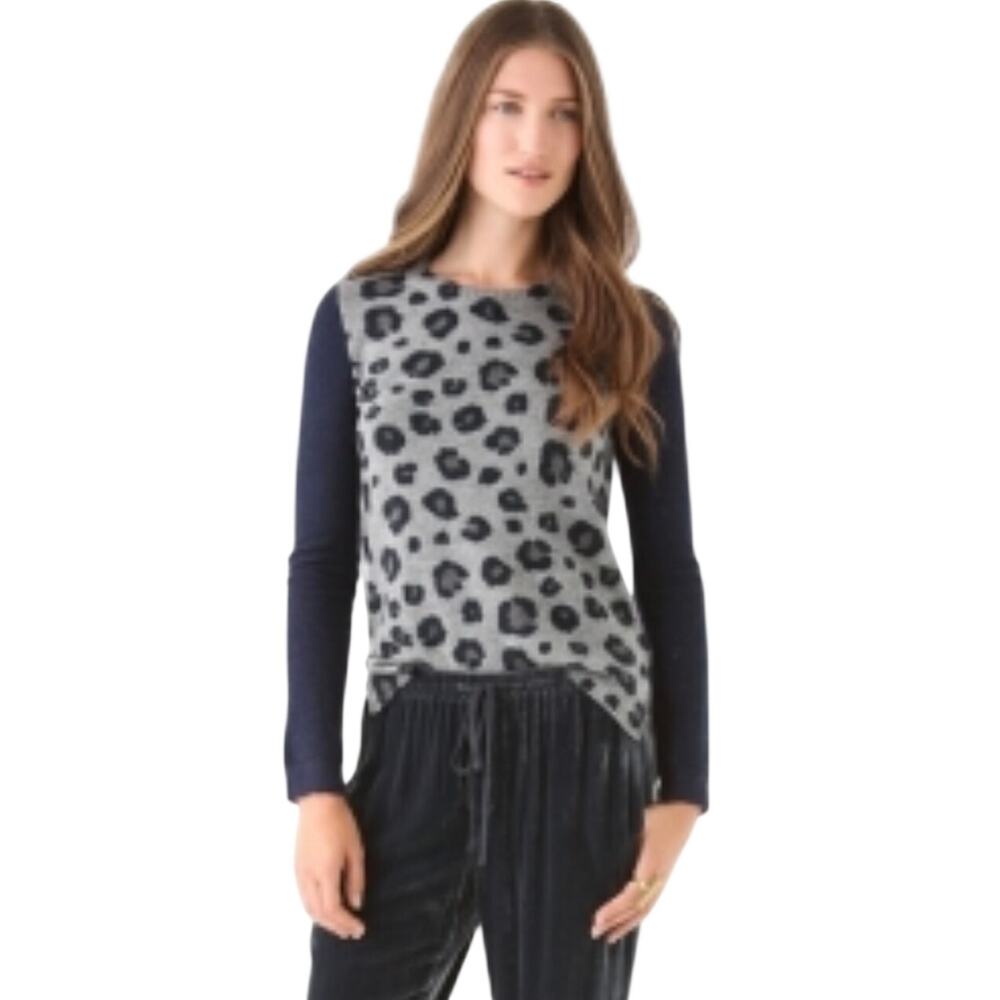REBECCA TAYLOR Cashmere Blend Gray Contrast Animal Print Sweater